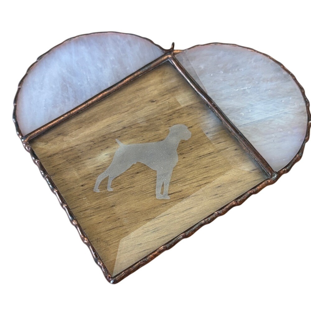 Vintage Handmade Heart Shaped Stained Glass Ornament with Boxer Dog Etched 5"
